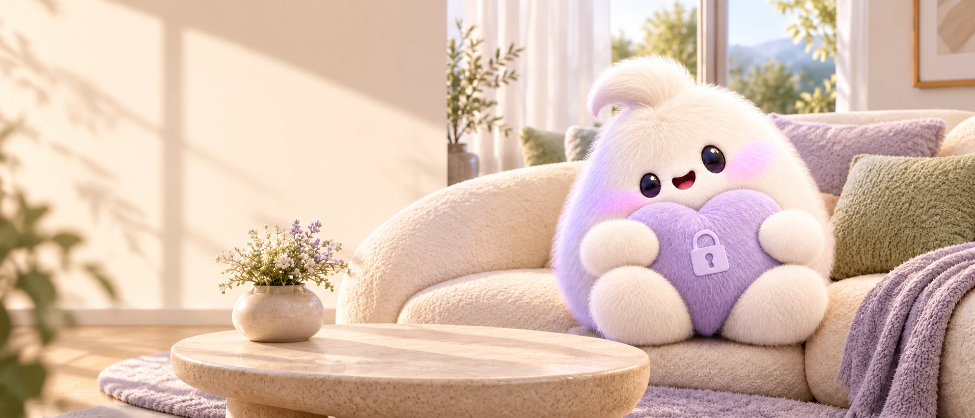 Pumli hugging a heart in a quiet, sunlit room