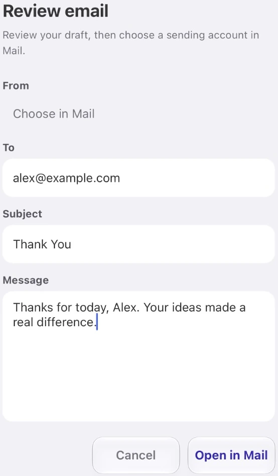 Pumli email review with editable recipient, subject and message