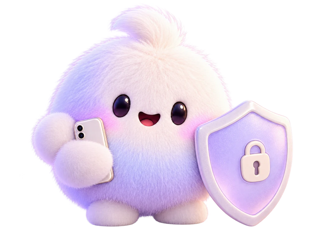 Pumli holding a phone and a lilac privacy shield